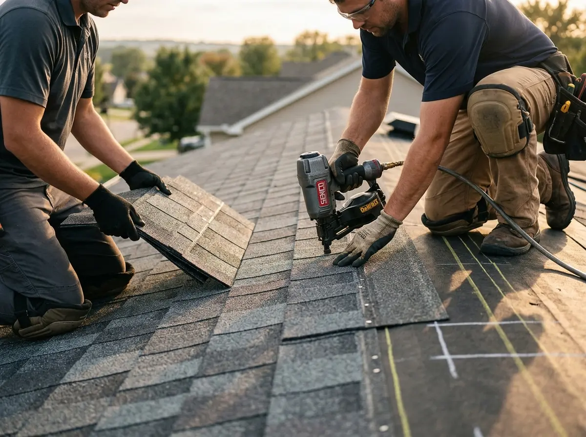 Professional roofer working on a residential roof in Tuckahoe